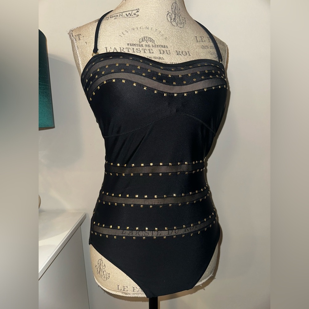 NEW Jessica Simpson One-Piece Swimsuit Bathing Suit Black With Gold Accents NWT!